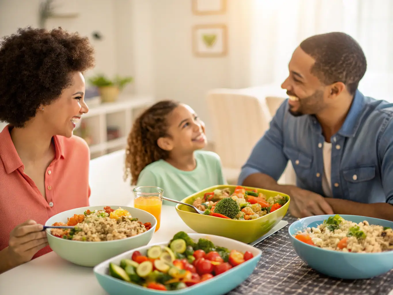 A family enjoying a meal made with fresh, organic vegetables from FARMLINK MARKET KENYA, showcasing the health benefits of organic food.