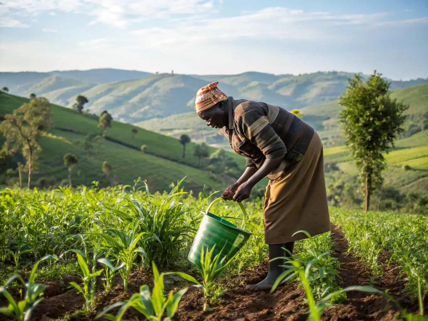 A lush green field of organically grown crops on a farm in Kenya, illustrating the environmental benefits of organic farming practices.