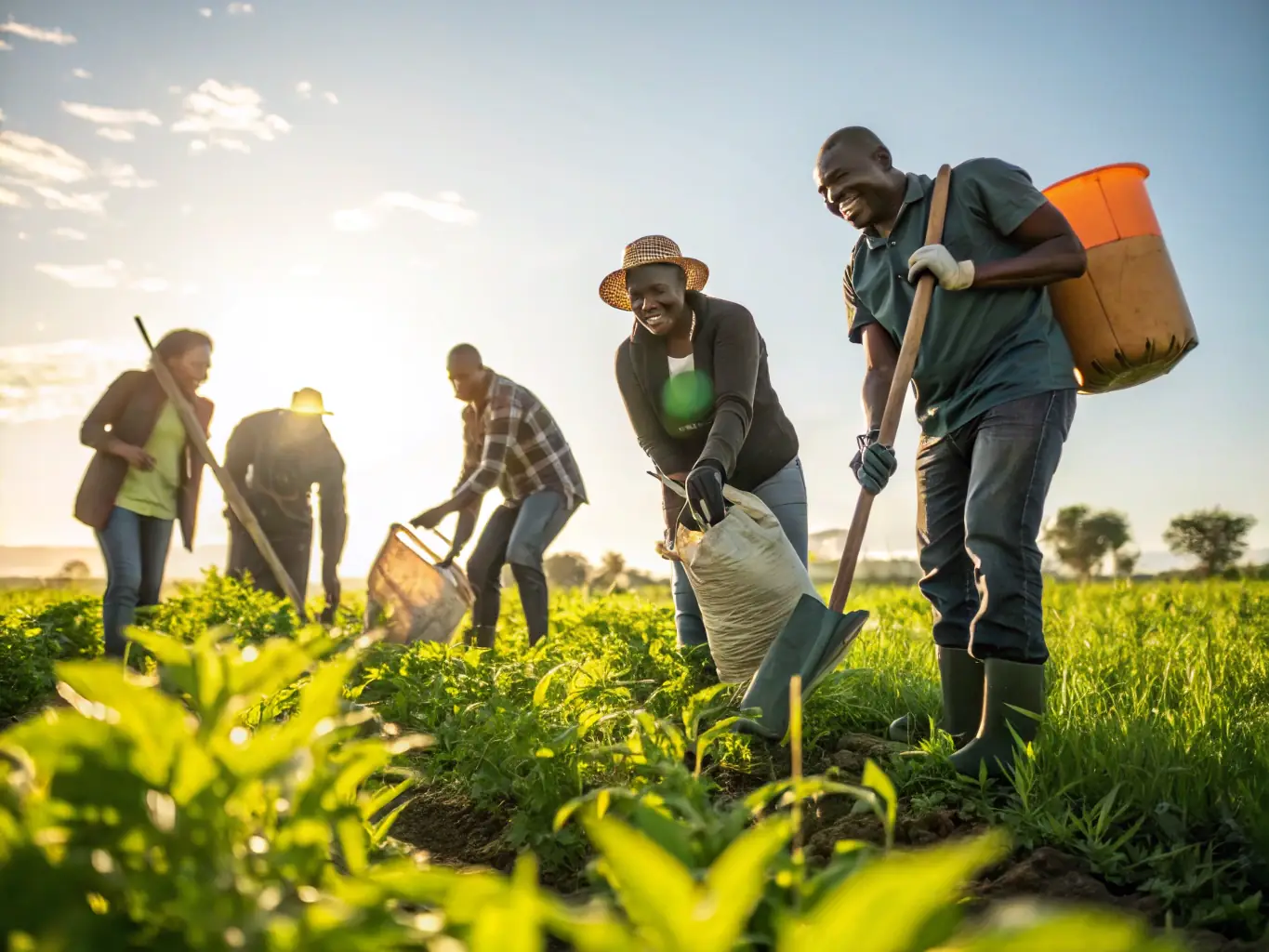 A group of local Kenyan farmers harvesting organic crops, emphasizing the support for local communities through organic agriculture.